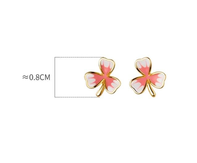 Gold Pink Flower Stud Earrings, Gold Clover Earring, Minimalist Enamel Flower Earrings, Dainty Plant Earrings, Perfect Gift for her, GE277