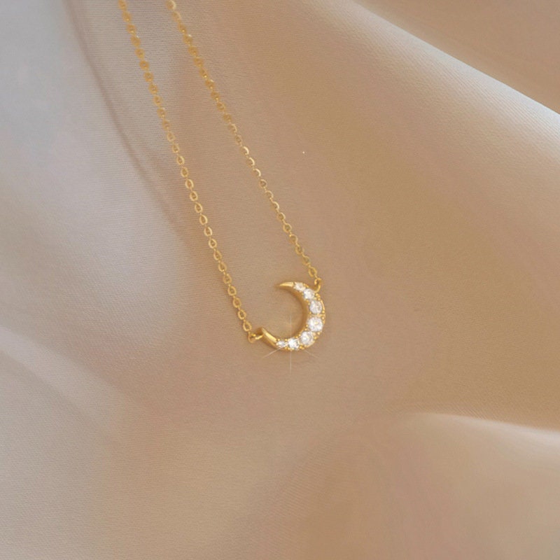 14k Gold Vermeil CZ Crescent Moon Necklace, CZ Moon Necklace, Gold Moon Pendant, Dainty Moon Features Full CZ Necklace, Gift for her, GN84