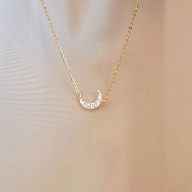 14k Gold Vermeil CZ Crescent Moon Necklace, CZ Moon Necklace, Gold Moon Pendant, Dainty Moon Features Full CZ Necklace, Gift for her, GN84