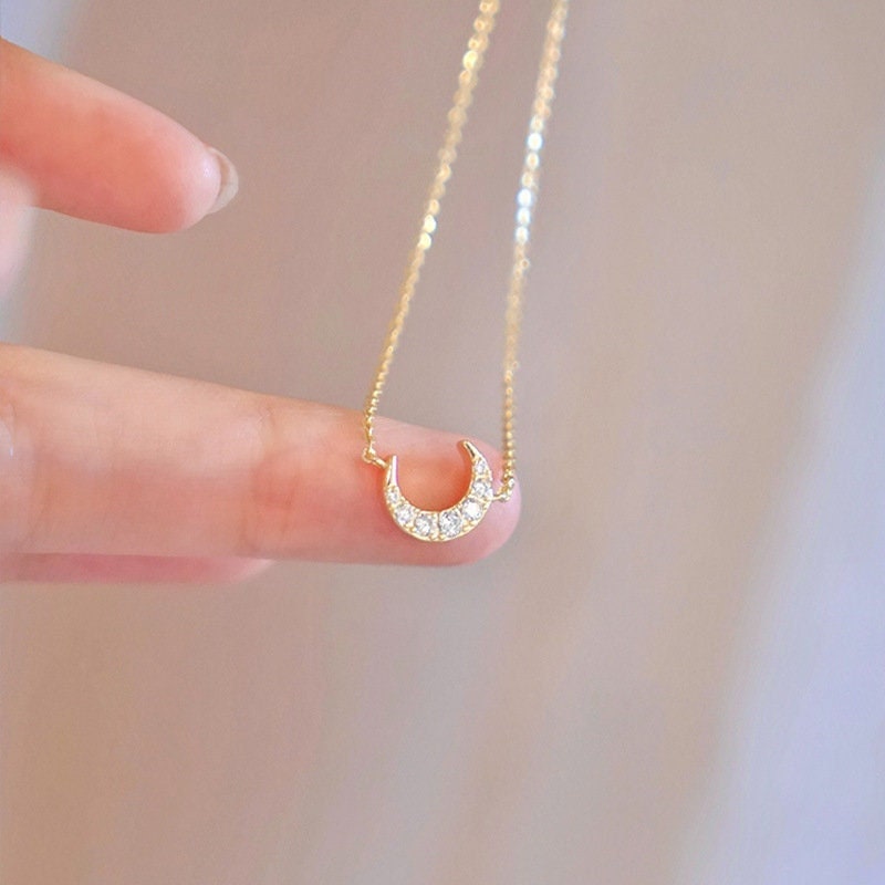 14k Gold Vermeil CZ Crescent Moon Necklace, CZ Moon Necklace, Gold Moon Pendant, Dainty Moon Features Full CZ Necklace, Gift for her, GN84