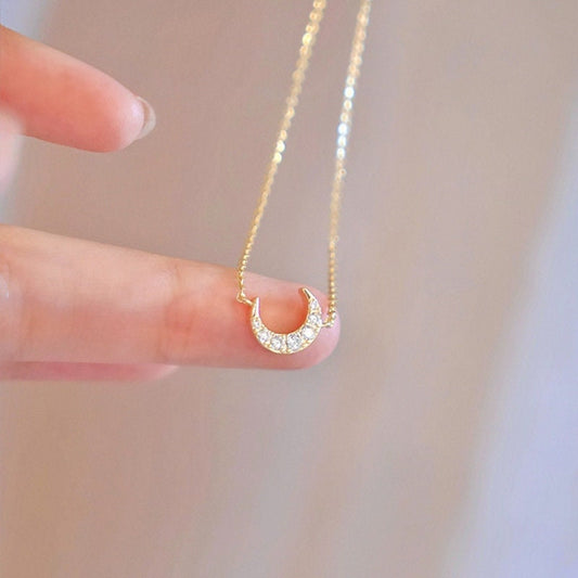 14k Gold Vermeil CZ Crescent Moon Necklace, CZ Moon Necklace, Gold Moon Pendant, Dainty Moon Features Full CZ Necklace, Gift for her, GN84