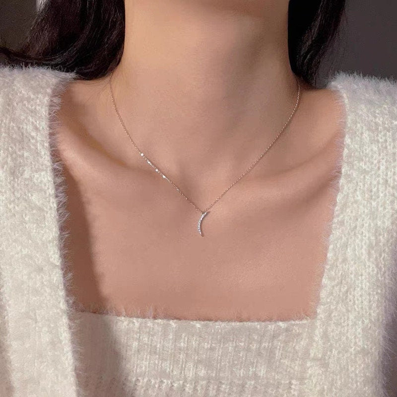 Silver Minimalist Crescent Moon Necklace, Full CZ Paving Crescent Moon Pendant, Dainty Gold Moon Charm Necklace, Perfect Gift for her, GN90