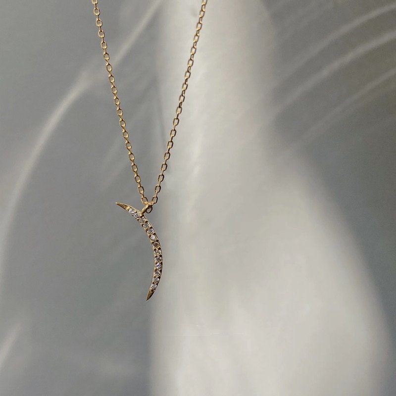 Silver Minimalist Crescent Moon Necklace, Full CZ Paving Crescent Moon Pendant, Dainty Gold Moon Charm Necklace, Perfect Gift for her, GN90