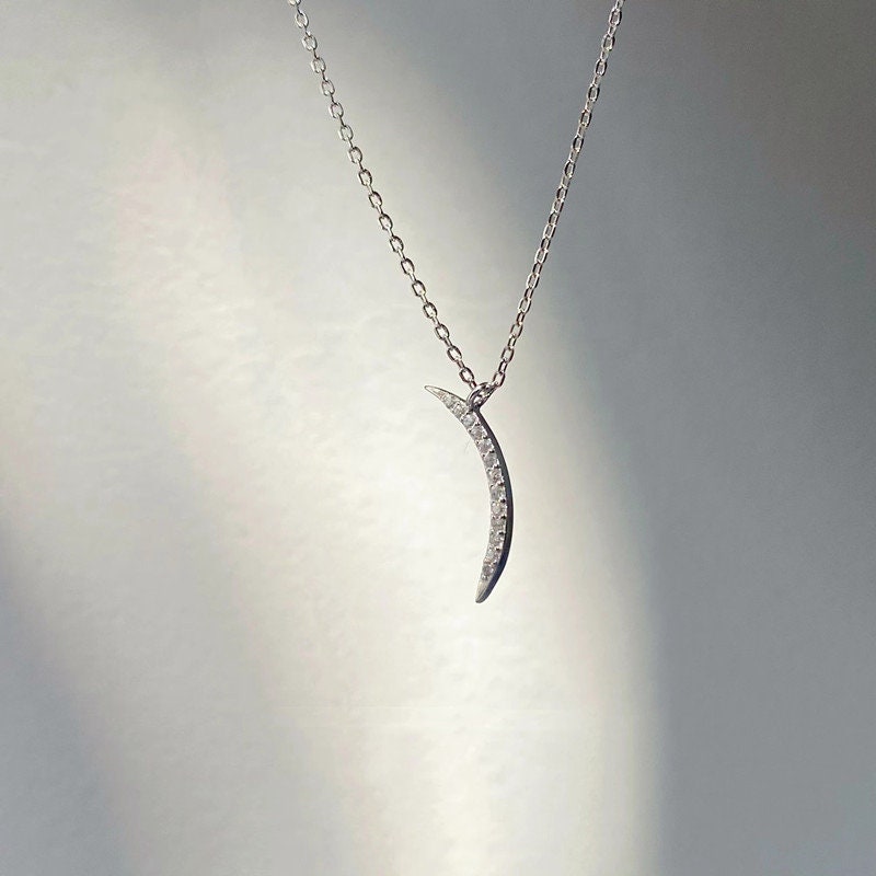 Silver Minimalist Crescent Moon Necklace, Full CZ Paving Crescent Moon Pendant, Dainty Gold Moon Charm Necklace, Perfect Gift for her, GN90