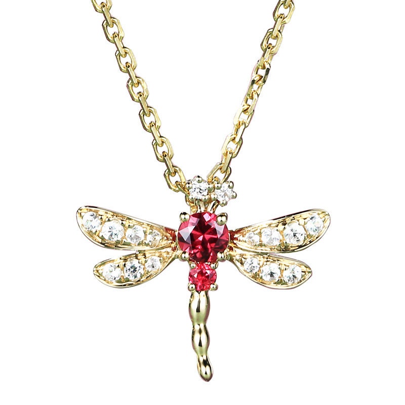 14k Gold Vermeil Dragonfly Necklace, Pomegranate CZ Dragonfly Necklace, Ruby CZ Pomegranate Pendant, Animal Necklace, Gift for her, GN85