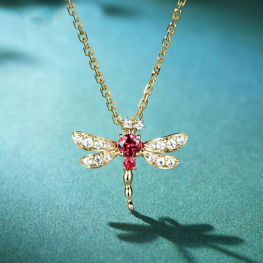 14k Gold Vermeil Dragonfly Necklace, Pomegranate CZ Dragonfly Necklace, Ruby CZ Pomegranate Pendant, Animal Necklace, Gift for her, GN85