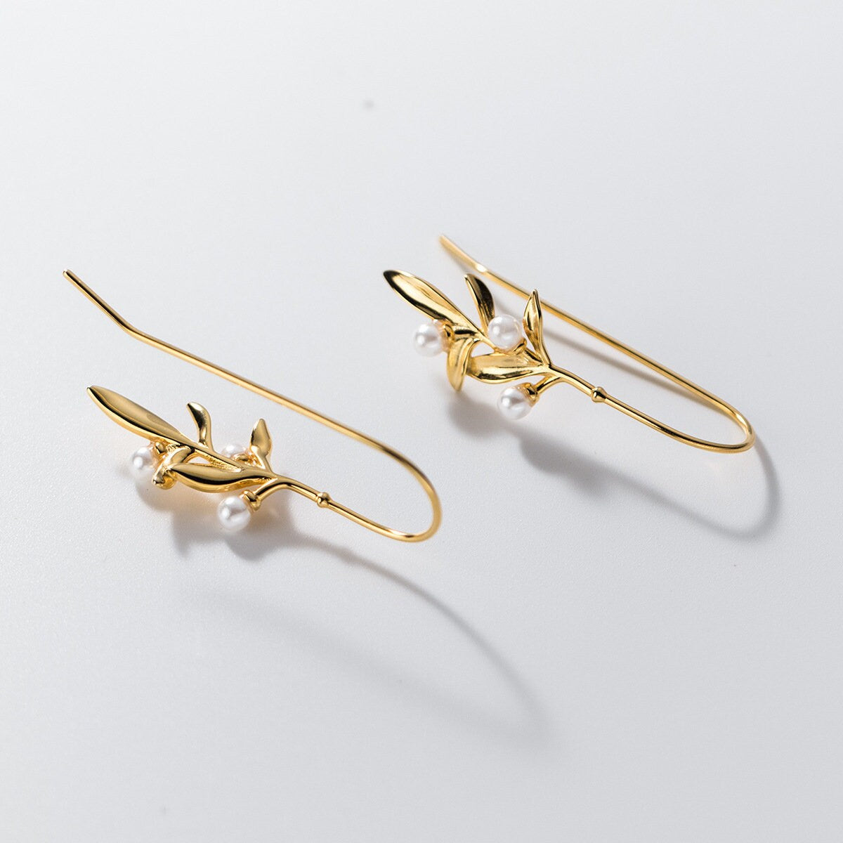 14k Gold Vermeil Leaf Hook Earrings, Dainty Pearl Leaf Drop & Dangle Earrings, Pearl Leaf Hook Earrings, Perfect Gift for her, GE279