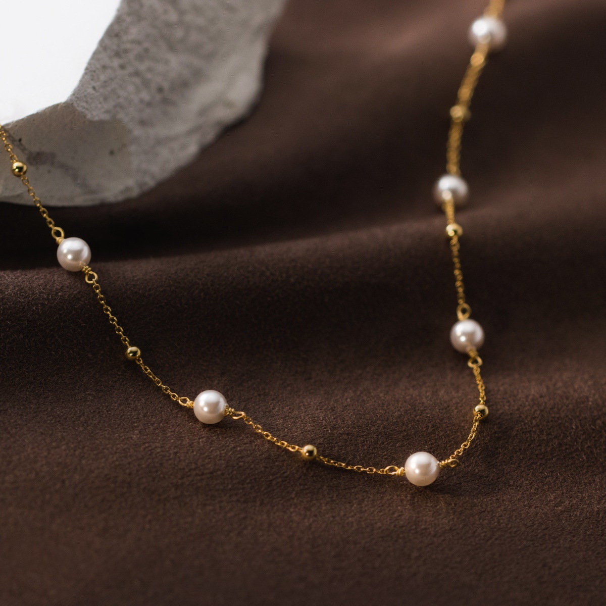 14k Gold Vermeil Pearl & Tiny Ball Necklace, Dainty Gold Ball Pearl Necklace, Stackable Simulated Pearl Necklace, Gift for her, GN87