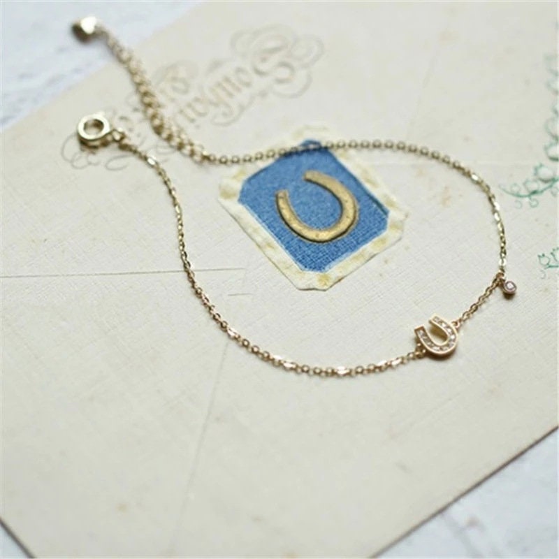 Dainty CZ Horseshoe Bracelet with litter CZ, Gold Vermeil CZ Horseshoe Bracelet, Minimalist U-shaped Bracelet, Perfect Gift for Her, GB09