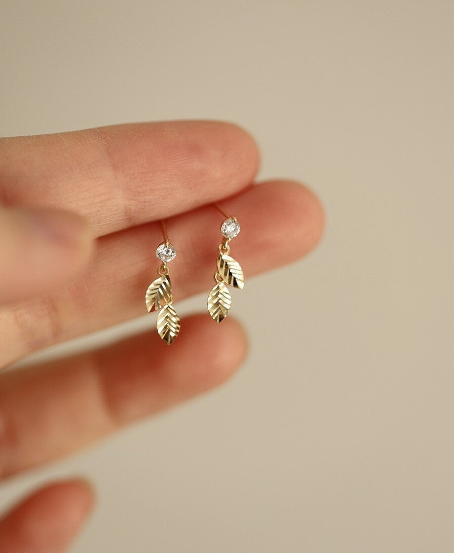 14k Solid Gold Leaf Drop Earrings, Solid Gold CZ Leaf Earring, Minimalist Gold Plant earrings, Perfect for Everyday, Gift for her,GKE11