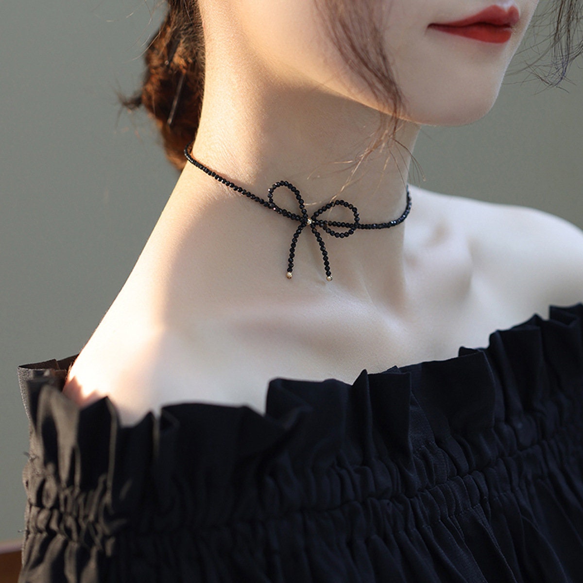 Black Crystal Bow Choker Necklace, Black CZ Bow-tie Necklace, Dainty Black Ribbon Choker, Minimalist Necklace, Perfect Gift for her, GN92