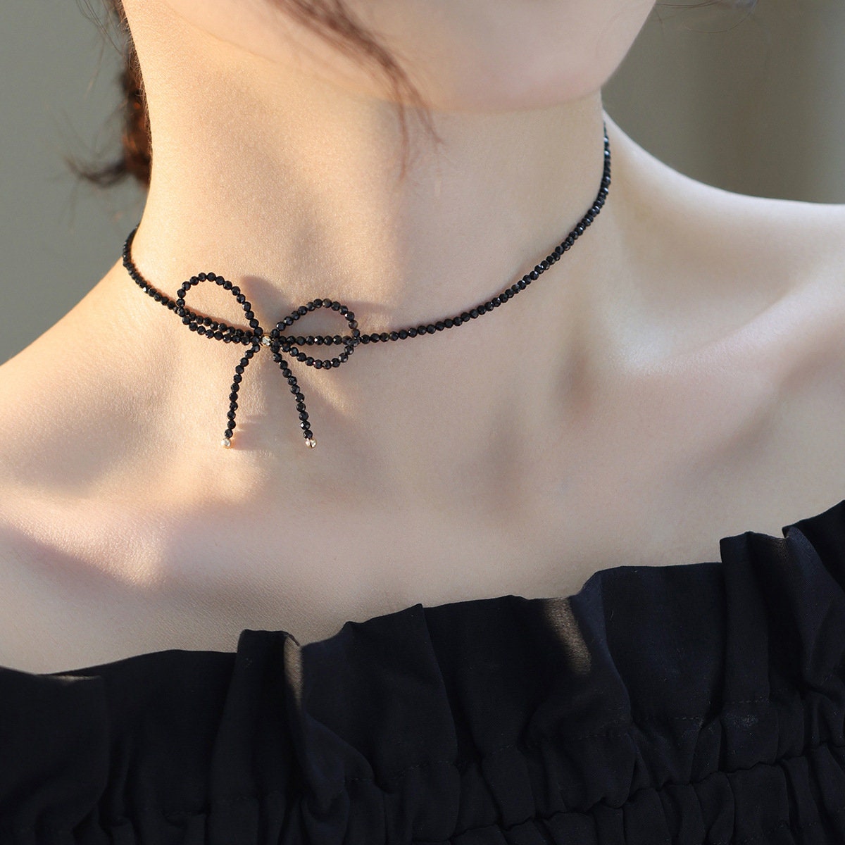 Black Crystal Bow Choker Necklace, Black CZ Bow-tie Necklace, Dainty Black Ribbon Choker, Minimalist Necklace, Perfect Gift for her, GN92