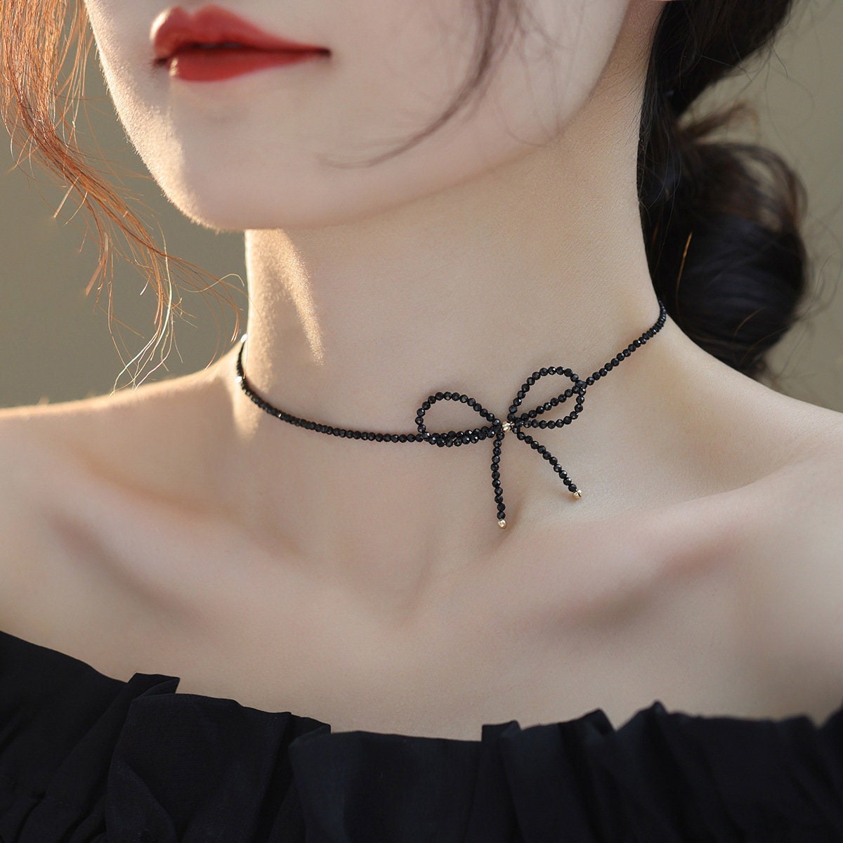 Black Crystal Bow Choker Necklace, Black CZ Bow-tie Necklace, Dainty Black Ribbon Choker, Minimalist Necklace, Perfect Gift for her, GN92