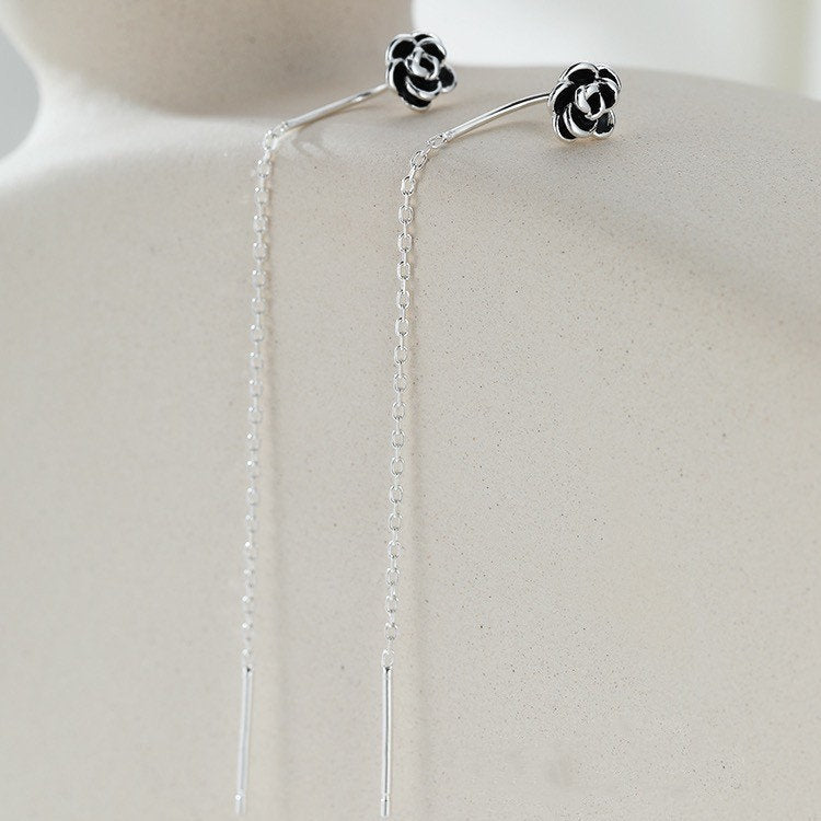 Delicate Flower Threader Earrings, Rose Tassel Earrings, Camellia Tassel Earring, 925 Silver Rose Drop & Dangle Earrings, Gift for her GE295