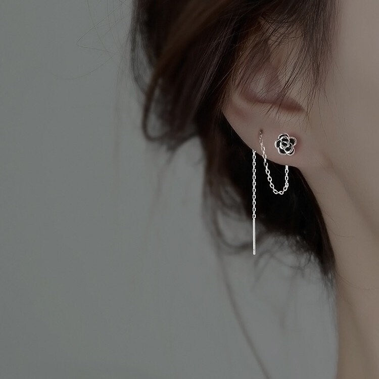 Delicate Flower Threader Earrings, Rose Tassel Earrings, Camellia Tassel Earring, 925 Silver Rose Drop & Dangle Earrings, Gift for her GE295