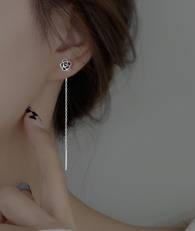 Delicate Flower Threader Earrings, Rose Tassel Earrings, Camellia Tassel Earring, 925 Silver Rose Drop & Dangle Earrings, Gift for her GE295