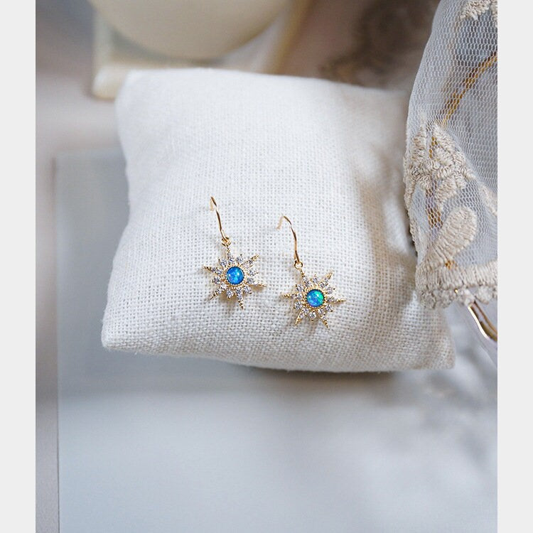 14k Gold Filled Blue Opal Star Hook Earrings, Dainty CZ Blue Opal Starburst Drop Earrings, CZ North Star Dangle Earring, Gift for her, GE296