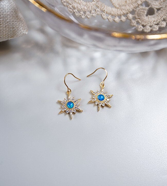 14k Gold Filled Blue Opal Star Hook Earrings, Dainty CZ Blue Opal Starburst Drop Earrings, CZ North Star Dangle Earring, Gift for her, GE296