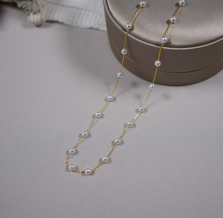 Gold Vermeil Tiny Pearl Necklace, Delicate Pearl Necklace, Minimalist Gold Pearl Choker, Stackable Necklace, Perfect Gift for her, GN97