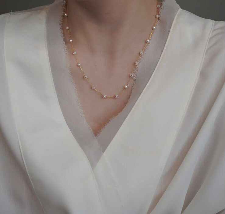 Gold Vermeil Tiny Pearl Necklace, Delicate Pearl Necklace, Minimalist Gold Pearl Choker, Stackable Necklace, Perfect Gift for her, GN97