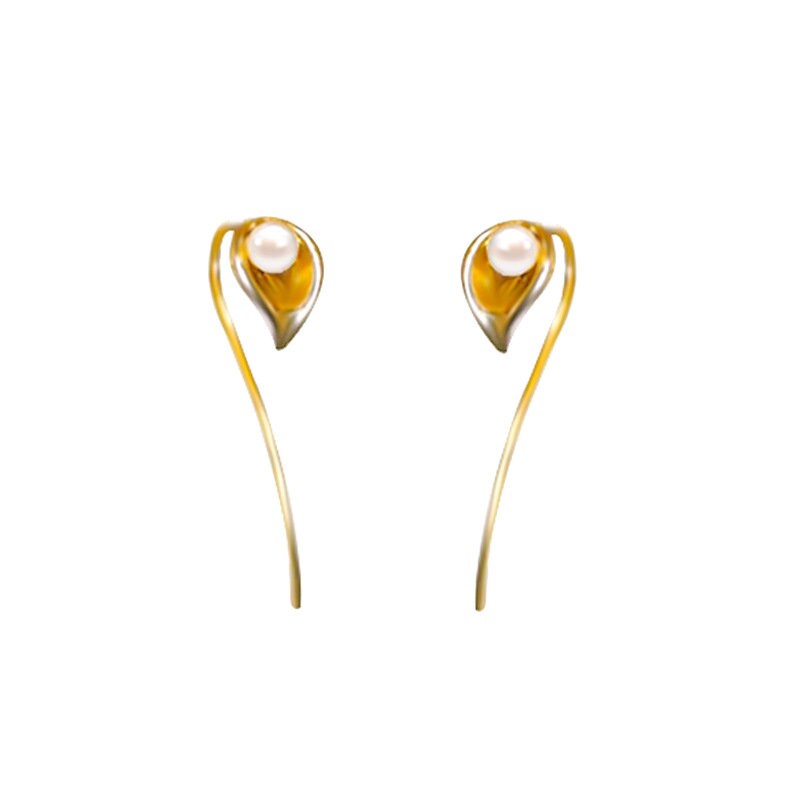 Gold Calla Lily Pearl Hook Earrings, Dainty Pearl Flower Drop & Dangle Earrings, Pearl Leaf Earrings, Plant Hook Earring, Gift for her GE301