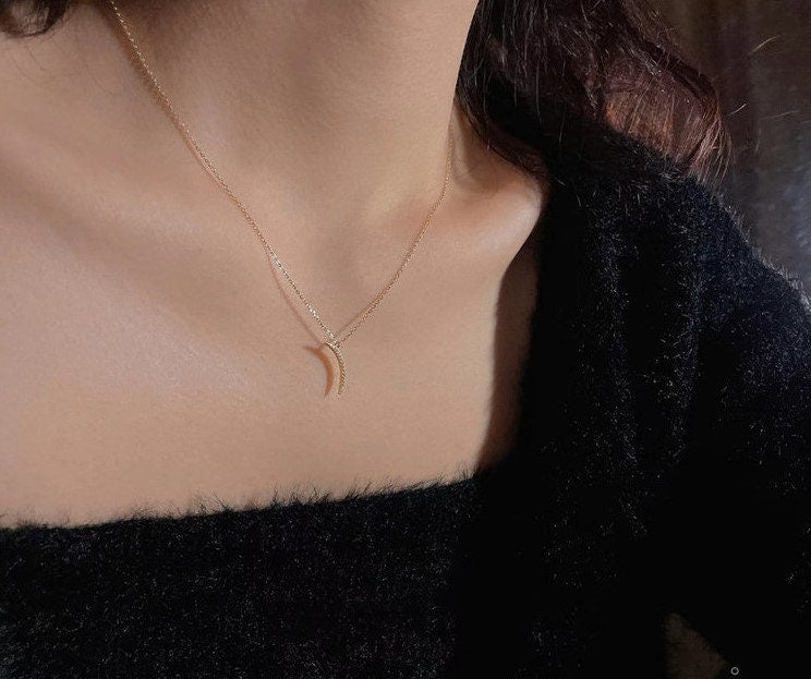 Silver Minimalist Crescent Moon Necklace, Full CZ Paving Crescent Moon Pendant, Dainty Gold Moon Charm Necklace, Perfect Gift for her, GN90