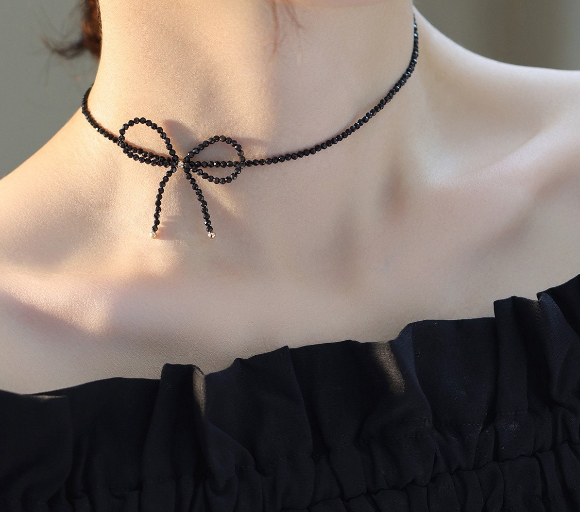 Black Crystal Bow Choker Necklace, Black CZ Bow-tie Necklace, Dainty Black Ribbon Choker, Minimalist Necklace, Perfect Gift for her, GN92