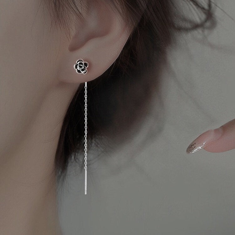 Delicate Flower Threader Earrings, Rose Tassel Earrings, Camellia Tassel Earring, 925 Silver Rose Drop & Dangle Earrings, Gift for her GE295