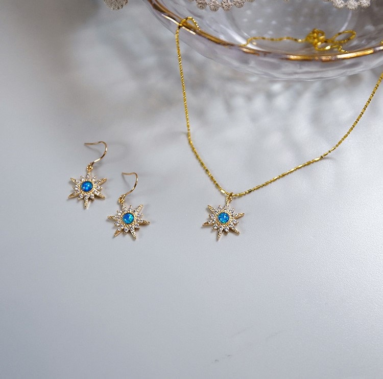 14k Gold Filled Blue Opal Star Hook Earrings, Dainty CZ Blue Opal Starburst Drop Earrings, CZ North Star Dangle Earring, Gift for her, GE296