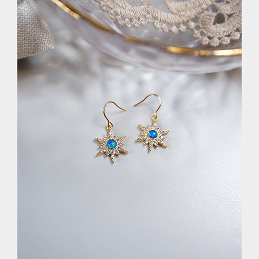 14k Gold Filled Blue Opal Star Hook Earrings, Dainty CZ Blue Opal Starburst Drop Earrings, CZ North Star Dangle Earring, Gift for her, GE296