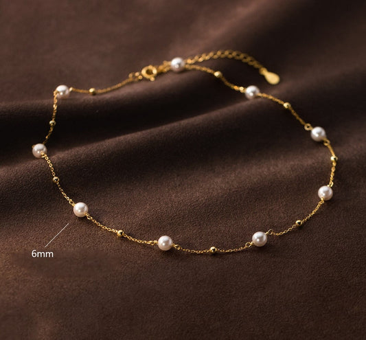 14k Gold Vermeil Pearl & Tiny Ball Necklace, Dainty Gold Ball Pearl Necklace, Stackable Simulated Pearl Necklace, Gift for her, GN87