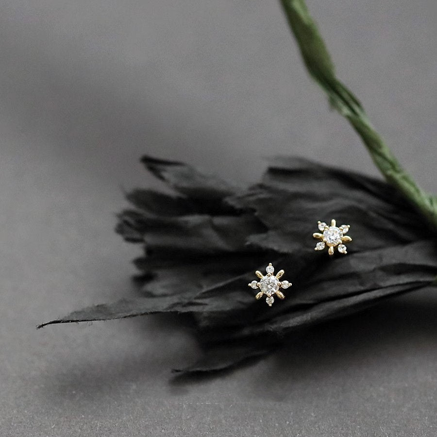 Gold Tiny Sun Stud Earrings, 925 Silver Small Snowflake Earrings, Helix Earrings, Minimalist Cross Snowflake Earring, Gift for her, GE300