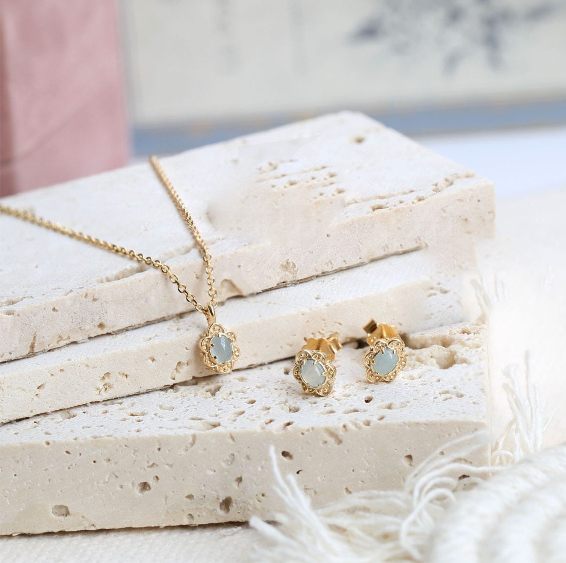 Gold Tiny Aquamarine Necklace. 10k Gold Vermeil Aquamarine Flower Necklace, Tiny Gemstone Flower-shape Necklace, Perfect Gift for her, GN98