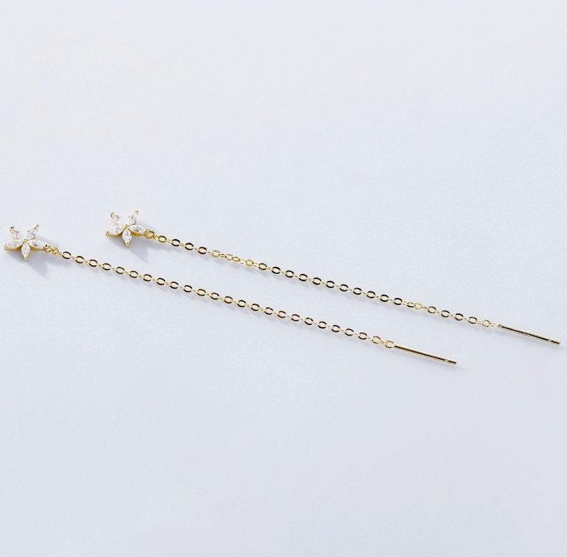 Dainty Gold Flower Threader Earrings, Gold CZ Flower Tassel Earrings, CZ Flower Dangle Earring, Christmas Gifts, Minimalist Earrings, GE304