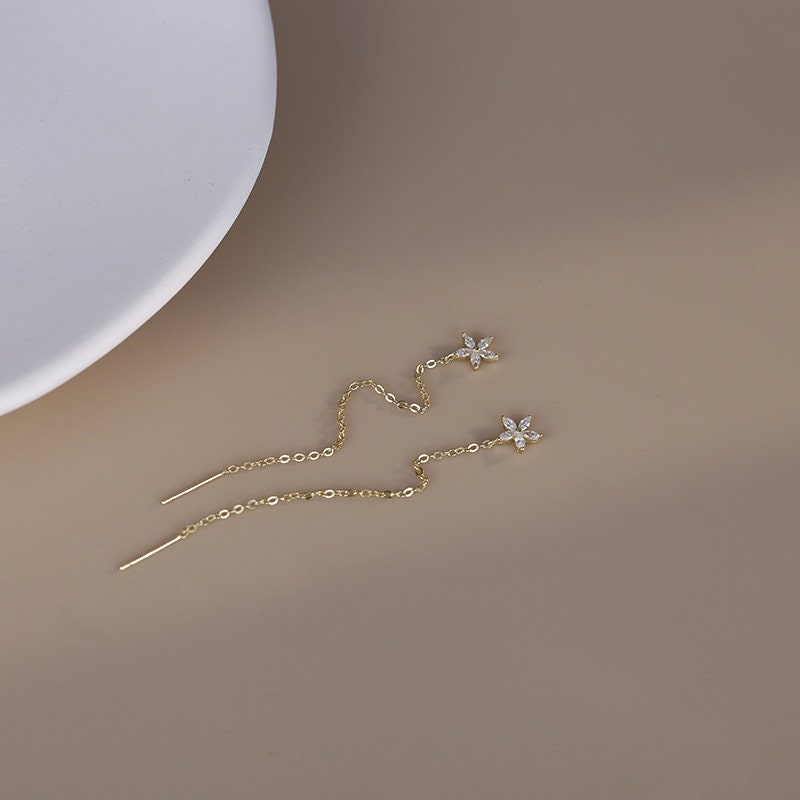 Dainty Gold Flower Threader Earrings, Gold CZ Flower Tassel Earrings, CZ Flower Dangle Earring, Christmas Gifts, Minimalist Earrings, GE304