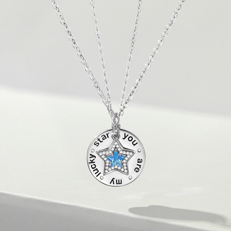 Mom Daughter Necklace, 925 Silver Engraved Couple Necklace, Lucky Star Couple Necklace, Meaningful Necklace, Perfect Gifts for Her/him