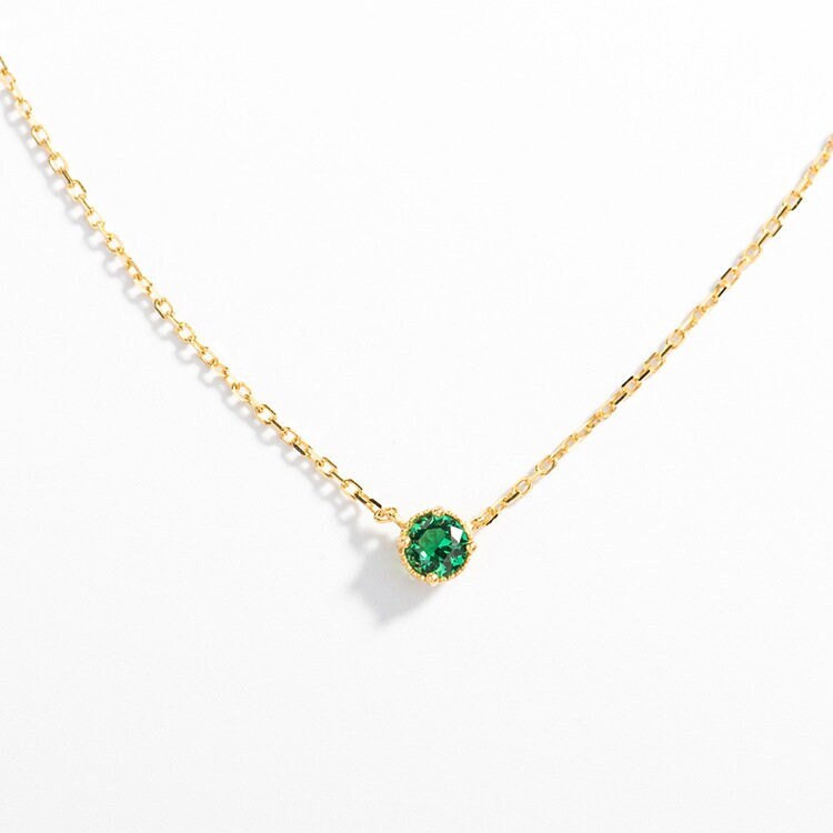 18K Gold Vermeil Round Cut Emerald CZ Necklace, Dainty Rose Gold Emerald Necklace, Tiny Emerald Green CZ Necklace, Minimalist, Gifts for her