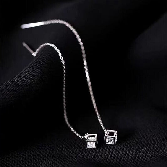 Sterling Silver CZ Magic Cube Threader Earrings, Dainty CZ Cube Tassel Earrings, Minimalist Long Dangle & Drop Earrings, Gift for her, GE253