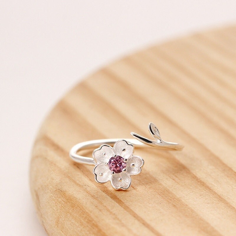 Sterling Silver Cherry Blossom Adjustable Ring, Delicate Flower & Leaf Open Ring, Dainty Adjustable Flower Ring, Purple or Pink, Gift GR05